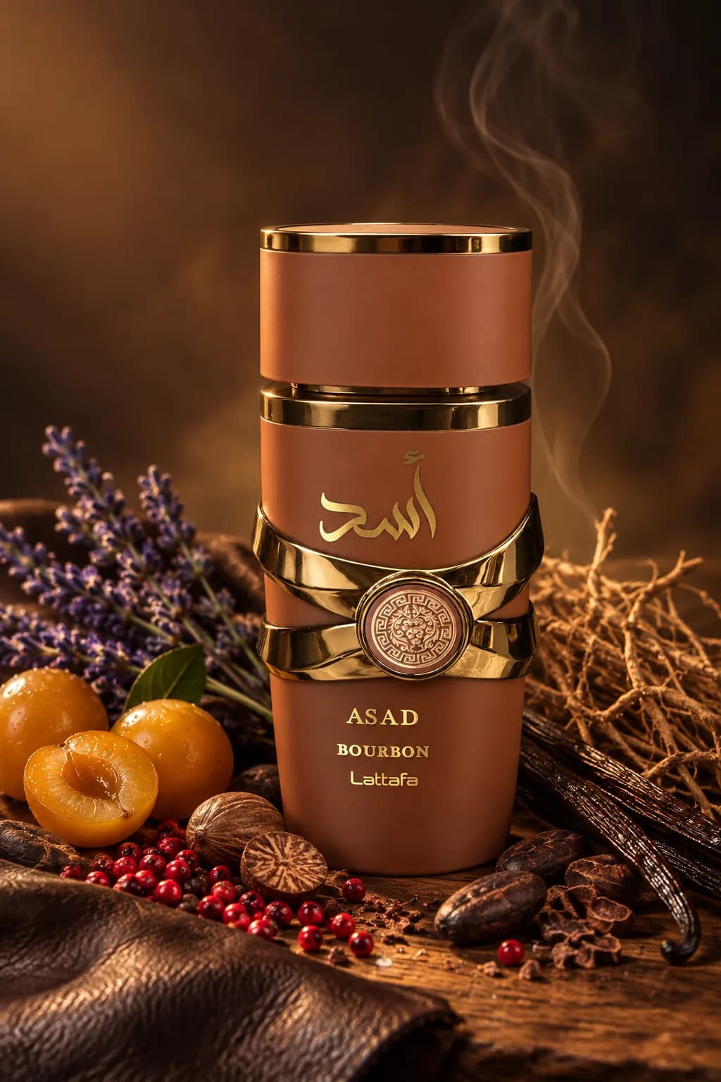 Asad Bourbon de Lattafa, mis en scène avec ses matières premières