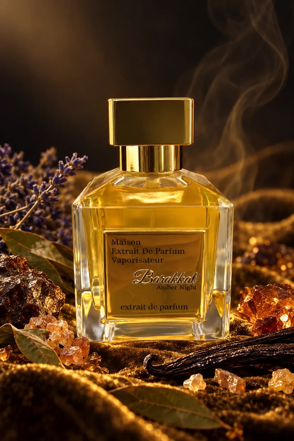 Barakkat Amber Night de Fragrance World, mis en scène avec ses matières premières