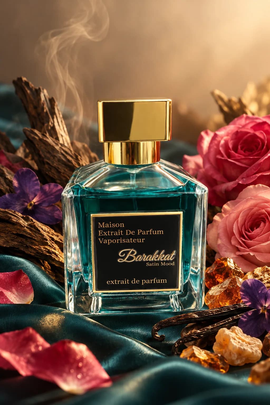 Barakkat Satin Mood de Fragrance World, mis en scène avec ses matières premières