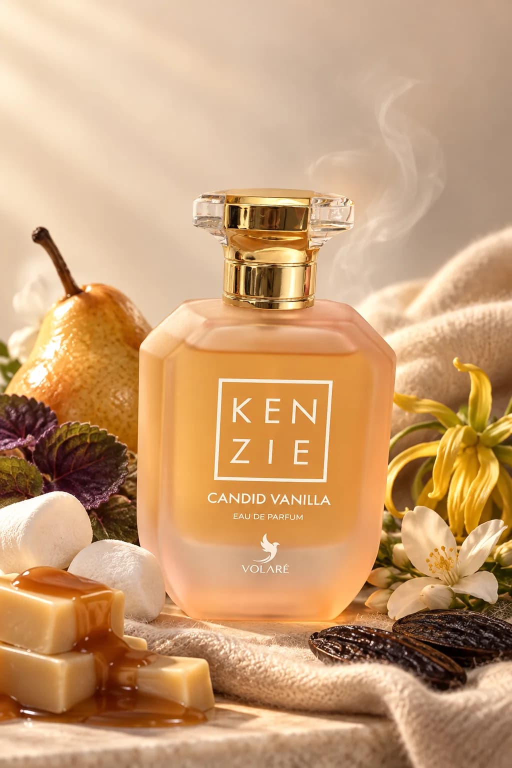 Kenzie Candid Vanilla de Volaré, mis en scène avec ses matières premières