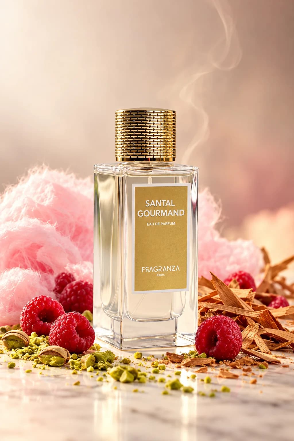 Santal Gourmand de Fragranza, mis en scène avec ses matières premières