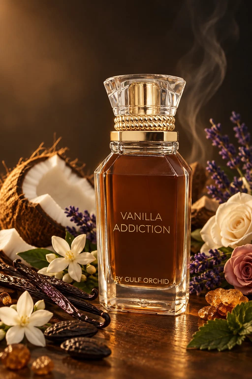 Vanilla Addiction de Gulf Orchid, mis en scène avec ses matières premières
