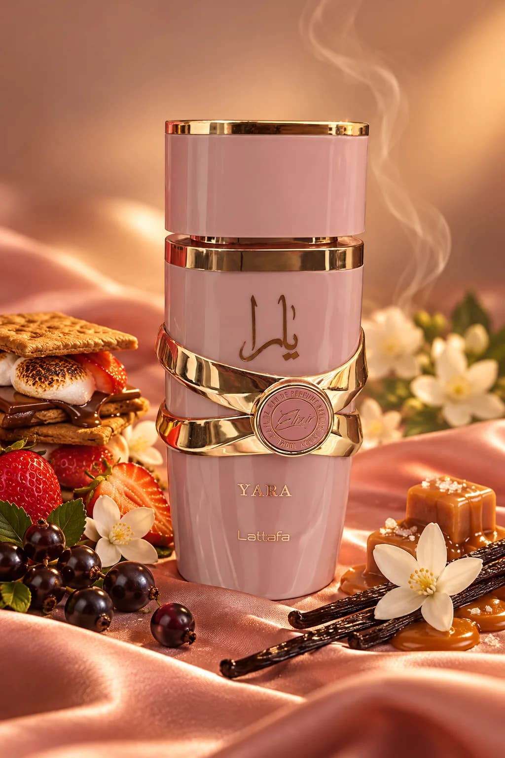 Yara Elixir de Lattafa, mis en scène avec ses matières premières