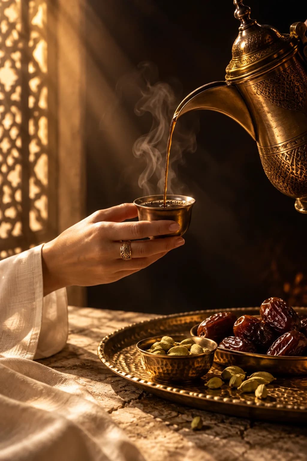 Une main verse le café d'une dallah en laiton dans une petite tasse