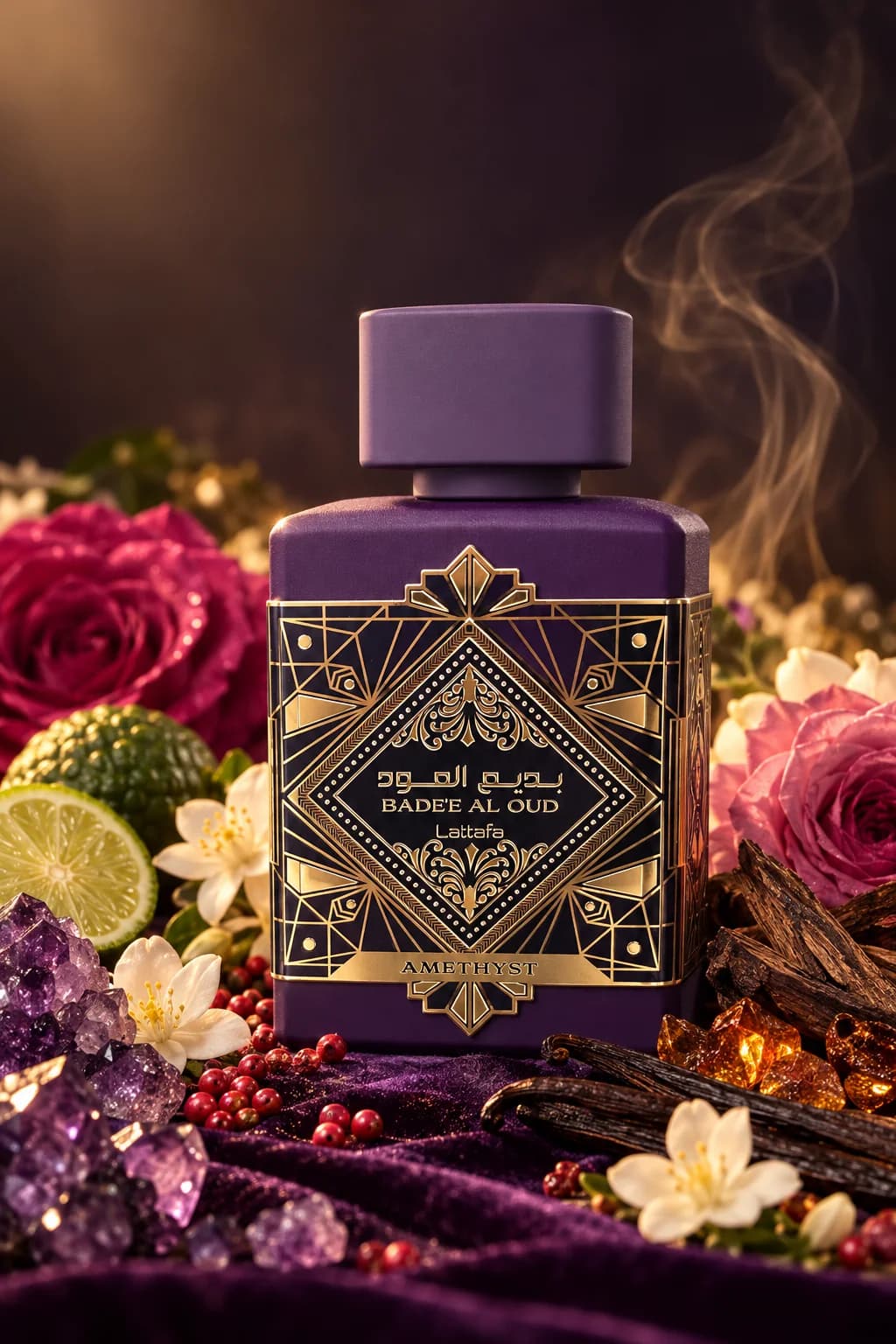 Bade'e Al Oud Amethyst de Lattafa, mis en scène avec ses matières premières