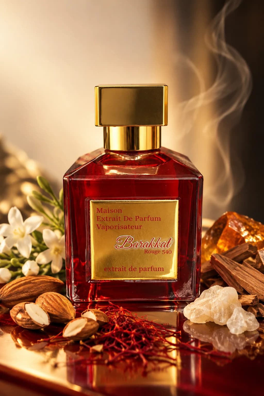 Barakkat Rouge 540 de Fragrance World, mis en scène avec ses matières premières