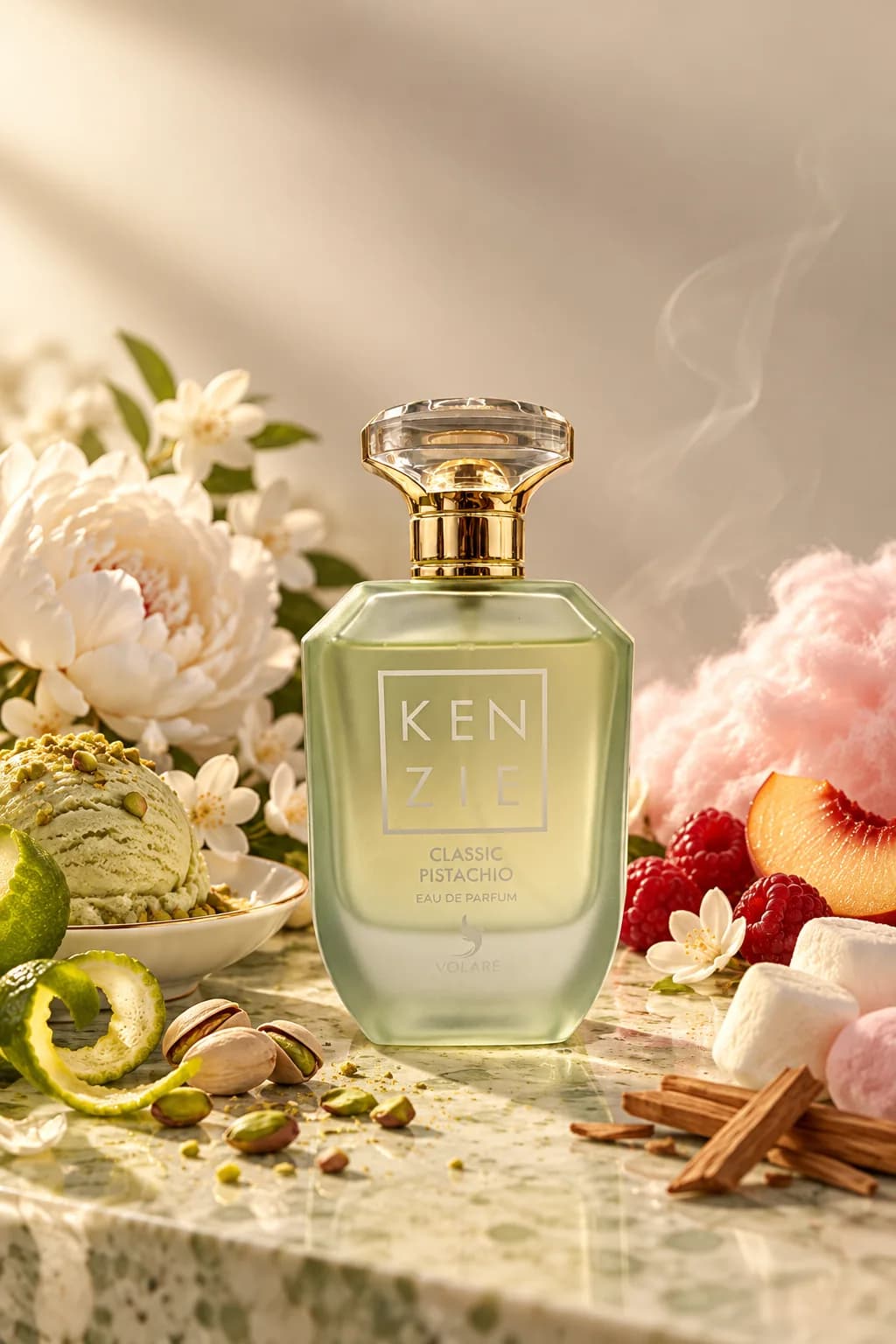 Kenzie Classic Pistachio de Volaré, mis en scène avec ses matières premières