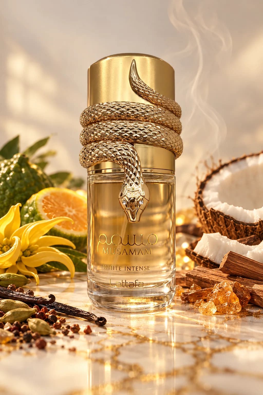 Musamam White Intense de Lattafa, mis en scène avec ses matières premières