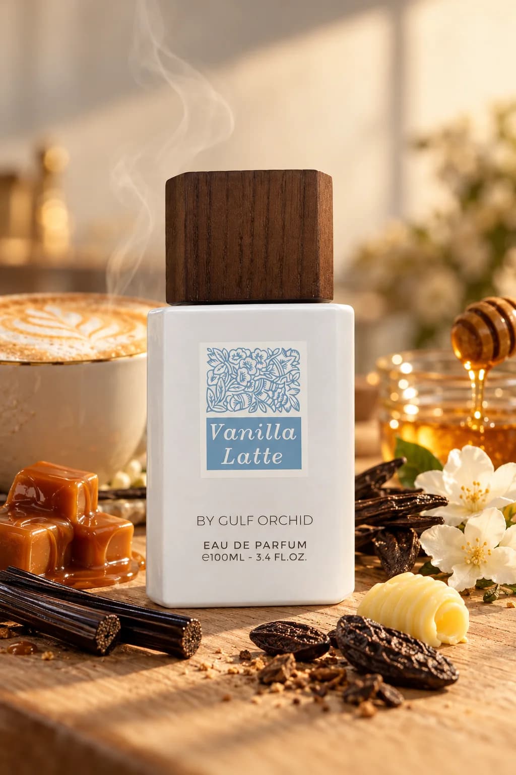 Vanilla Latte de Gulf Orchid, mis en scène avec ses matières premières